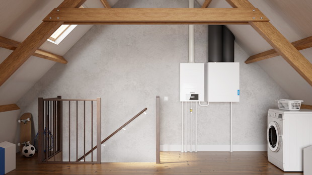 Binnenopstelling van hybride warmtepomp naast wasmachine op zolder