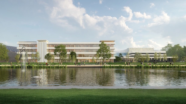 Buitenzijde van het terrein rond Nijenborgh 4 na de geplande transformatie op de Zernike Campus Groningen.