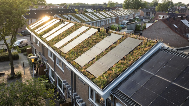 Row of brick townhouses with solar panels on a green roof, sunlight glinting off the panels.