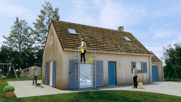 People repainting a beige house outdoors; one person on a scaffold painting, others with paint cans nearby on a sunny day.
